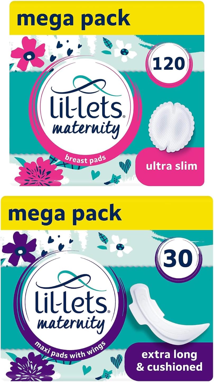 Lil-Lets Hospital Bag Essentials Bundle with Lil-Lets Maternity Maxi Pads X 30 Count and Lil-Lets Maternity Breast Pads X 120 Count