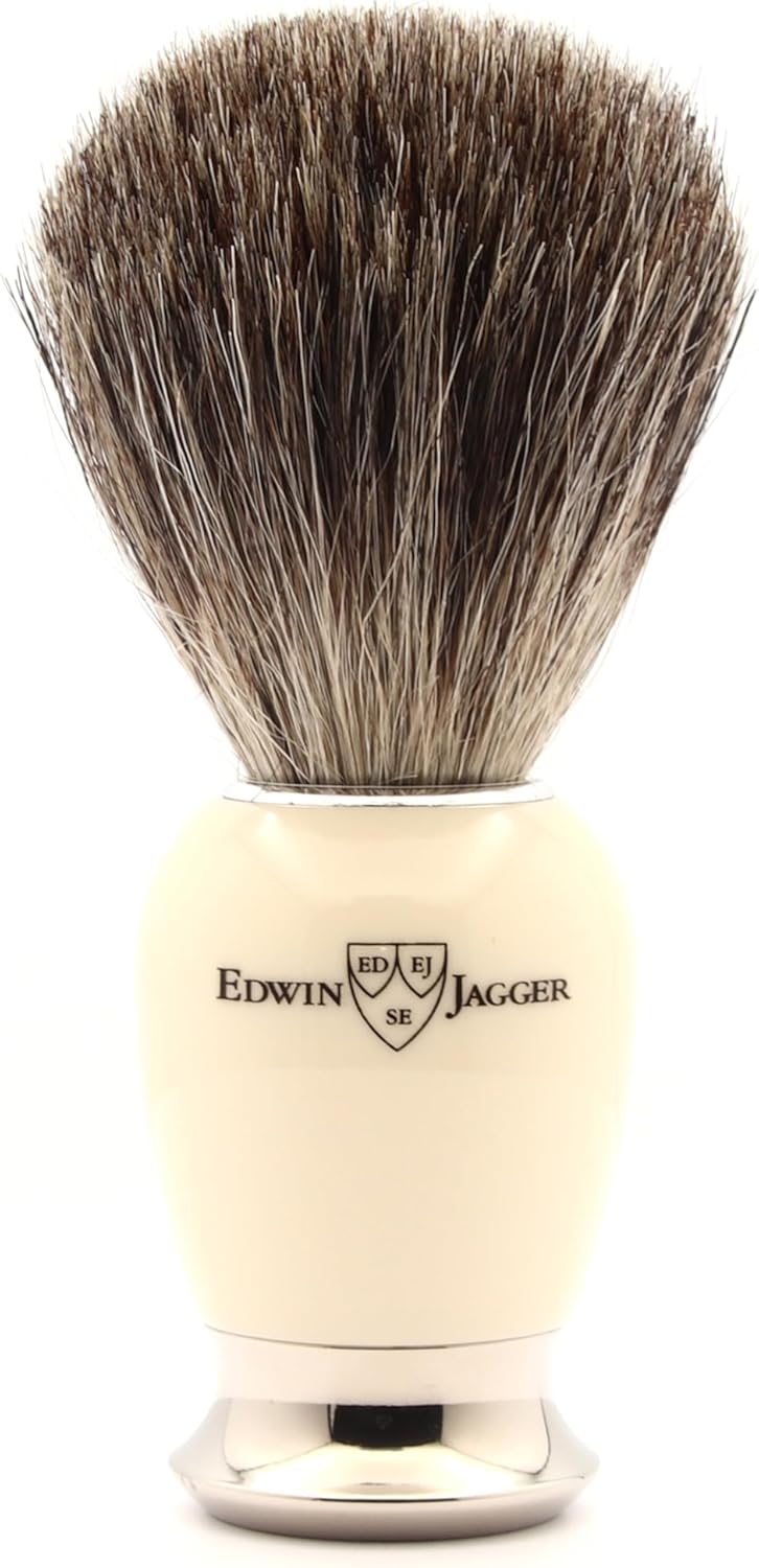 Edwin Jagger 81SB587AMZ Classic Imitation Ivory Pure Badger Exfoliating Shaving Brush with Stand for Shaving Cream or Shaving Soap for Men and Women (Ivory)