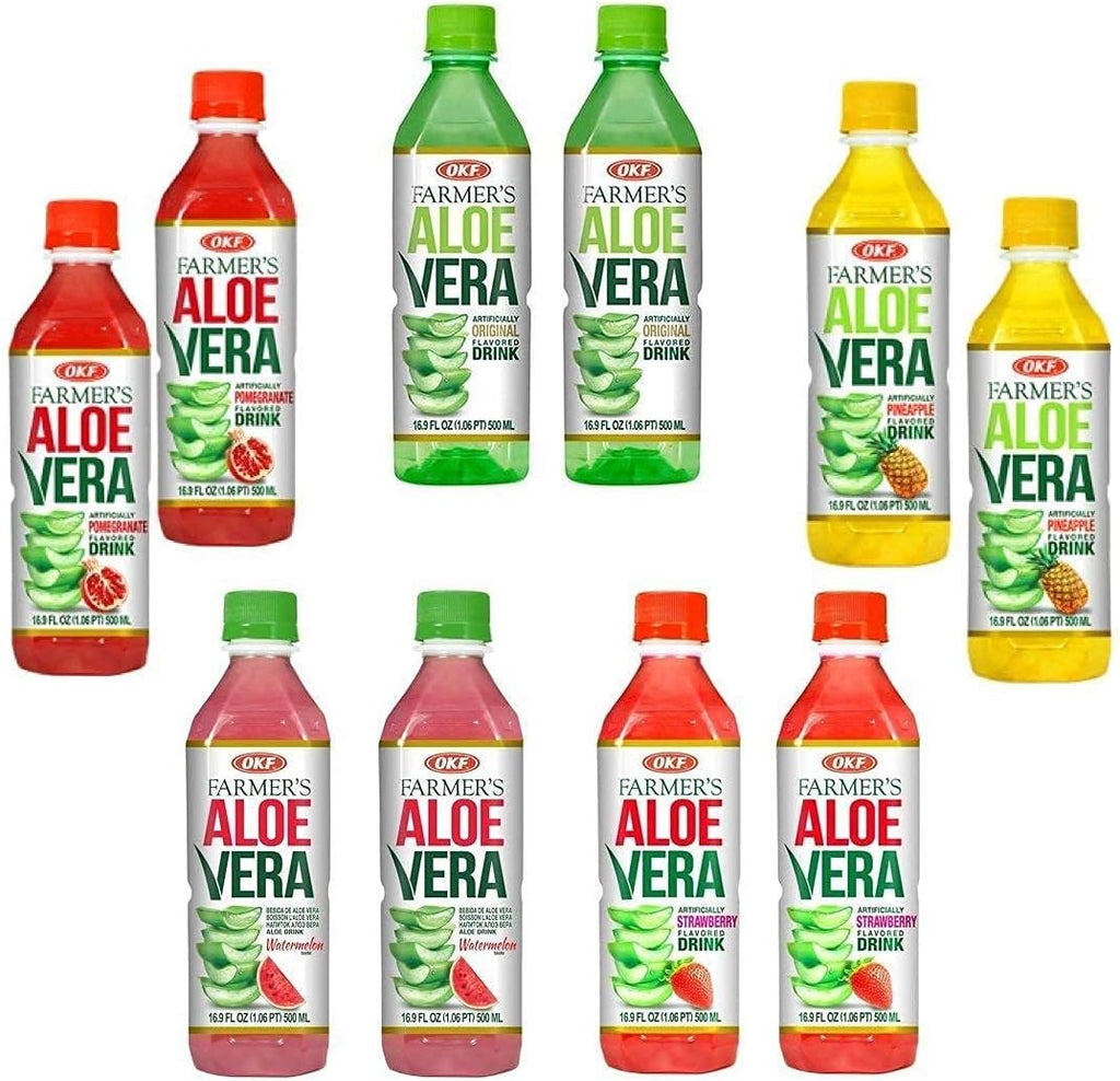 OKF Farmer's Aloe Vera Drink Flavored Variety Pack - Original, Pomegranate, Pineapple, Strawberry, Watermelon Flavored Aloe Drinks (16.9oz/500ml Bottles 10 Count)