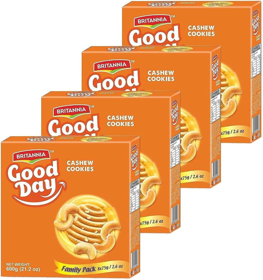 Britannia Good Day Cashew Cookies Family Pack 21.2oz (600g) - Breakfast & Tea Time Snacks - Delicious Grocery Cookies (Pack of 4)