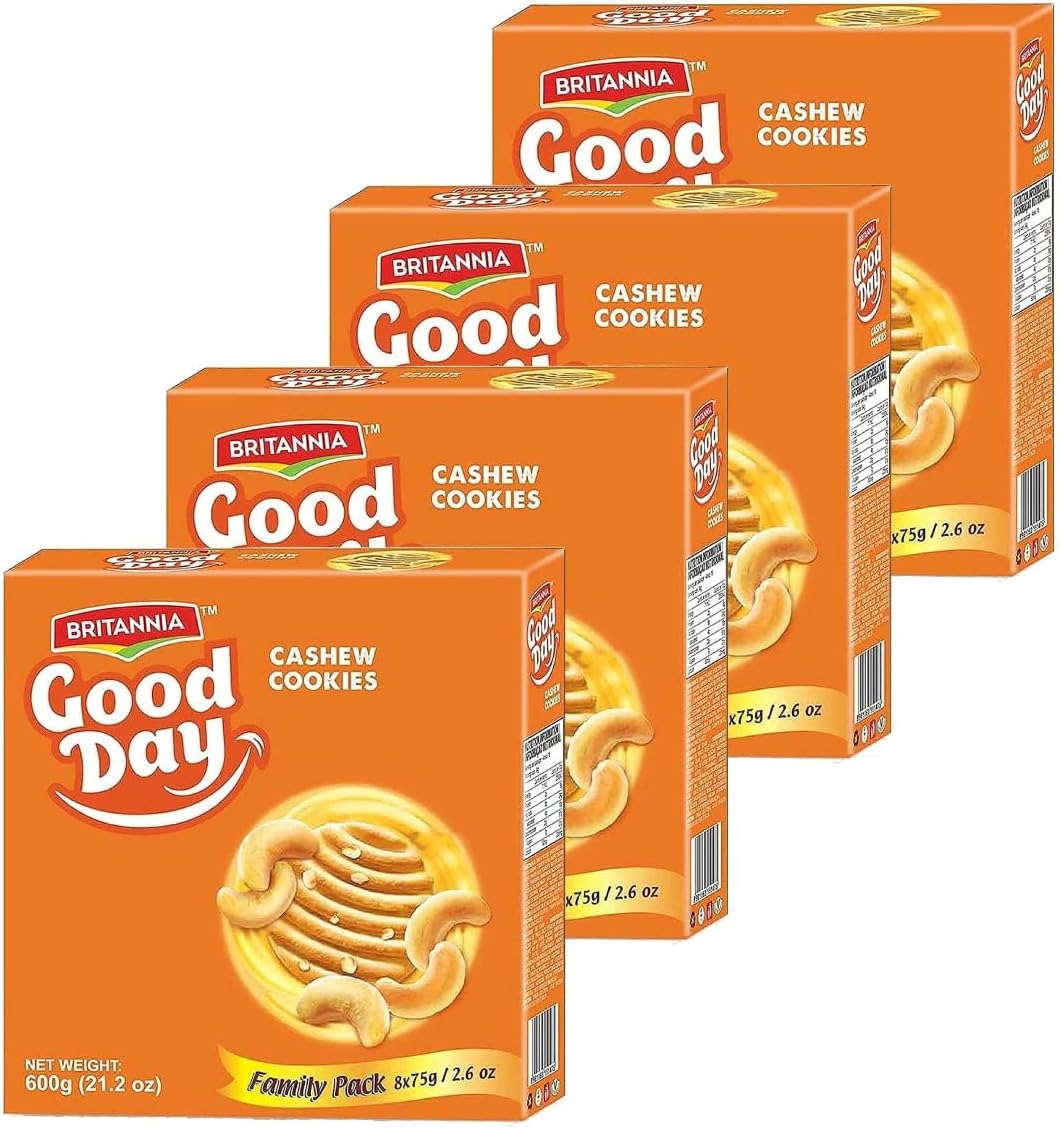 Britannia Good Day Cashew Cookies Family Pack 21.2oz (600g) - Breakfast & Tea Time Snacks - Delicious Grocery Cookies (Pack of 4)