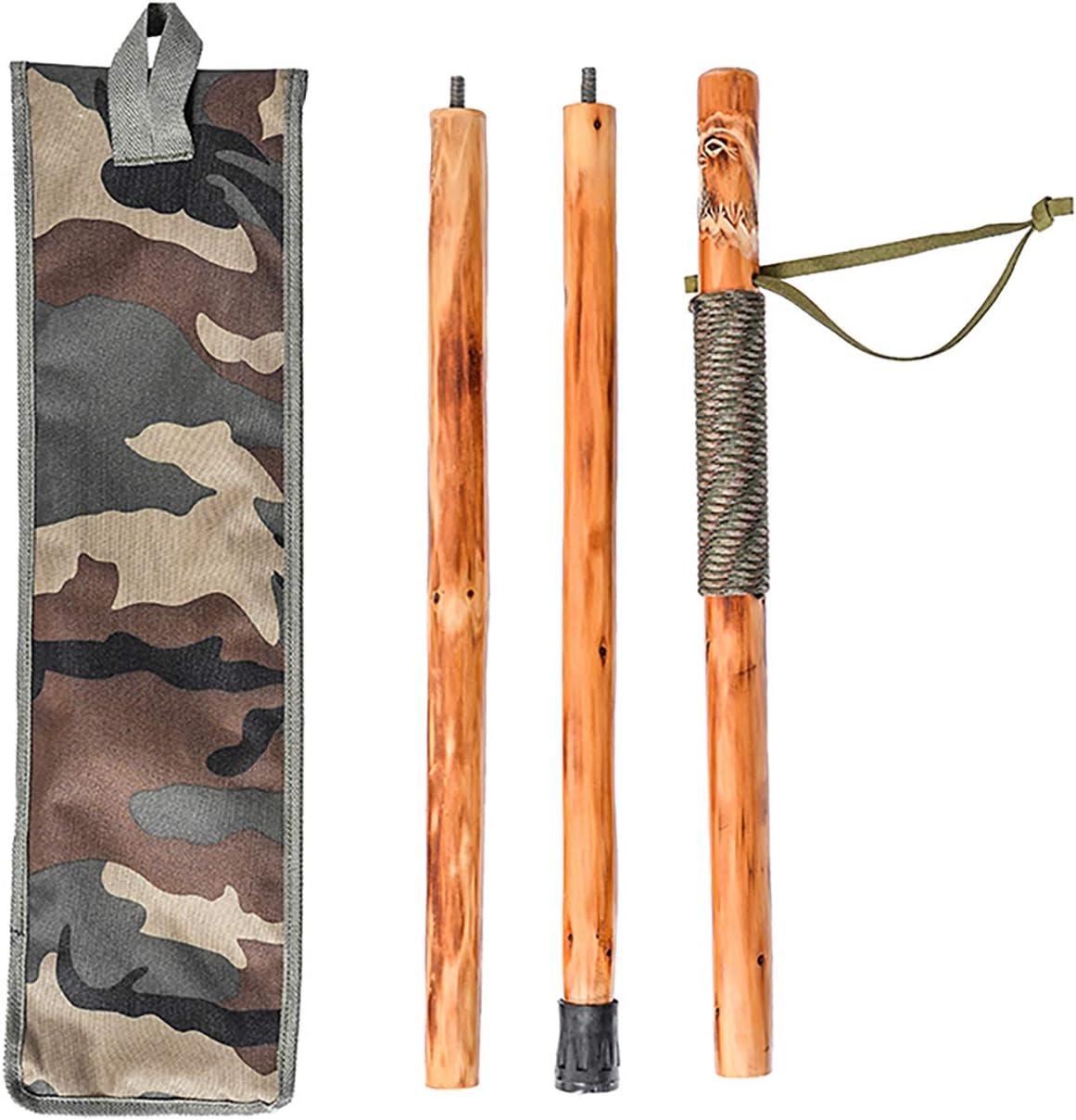 FOREST PILOT 3pc Detachable Fir Wood Walking Stick for Hiking with Compass 55 Inches - with Animal Carving - Soft Hand Strap - Rubber Tip Cover