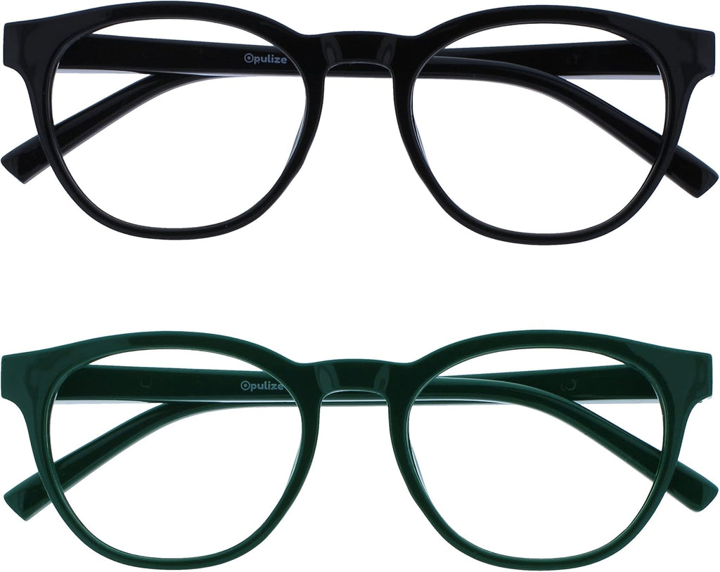 OPULIZE BLU Blue Light Blocking Reading Glasses for Women Men, Cool Round Frame with Anti-Glare Computer and Gaming Eyewear, UV and Eyestrain Protection, Black Green +2.50 (Pack of 2)