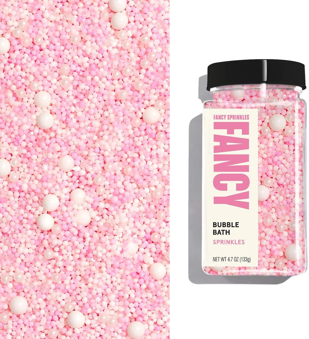 Fancy Sprinkles Bubble Bath Sprinkles, Pastel Pink and White Candy Pearls and Nonpareils Blended with Our Signature Sugar for Cakes, Cupcakes, Dessert Decorating 1 Pack (0.5c)