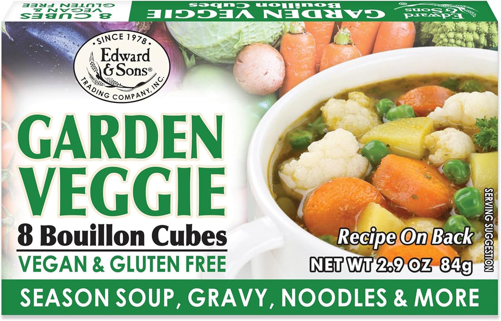 Edward & Sons Garden Veggie Bouillon Cubes - Organic Vegetable Bouillon, Vegan Broth Cubes, Stock Cubes, Gluten Free, No Trans Fat, Use in Soups, Stews and Pilafs (8 Cubes of Each) - Pack of 1