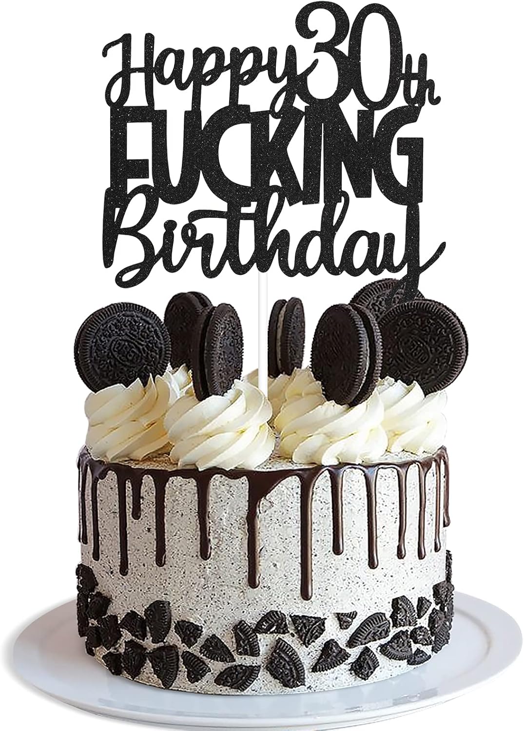Happy 30th Fuxking Birthday Cake Topper - Funny Black Glitter 30 & Fabulous Party Supplies - Cheers to 30 Years Party Cake Decoration