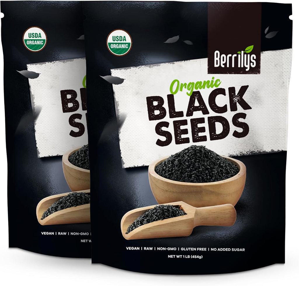 Berrilys Black Seeds - USDA Organic Nigella Sativa, Kalonji & Black Cumin Seeds - Used as Spice and Health Food - Exotic Flavor, Wellness Benefits, Ethical Sourcing, Premium Quality - 2 PACKS (2x16oz)