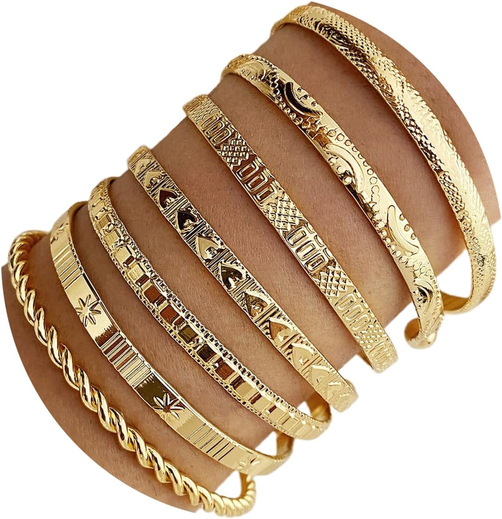 IFKM Gold Bangles Bracelets for Women Girls 14k Gold Plated Multi Layer Stackable Cuff Bracelet Set
