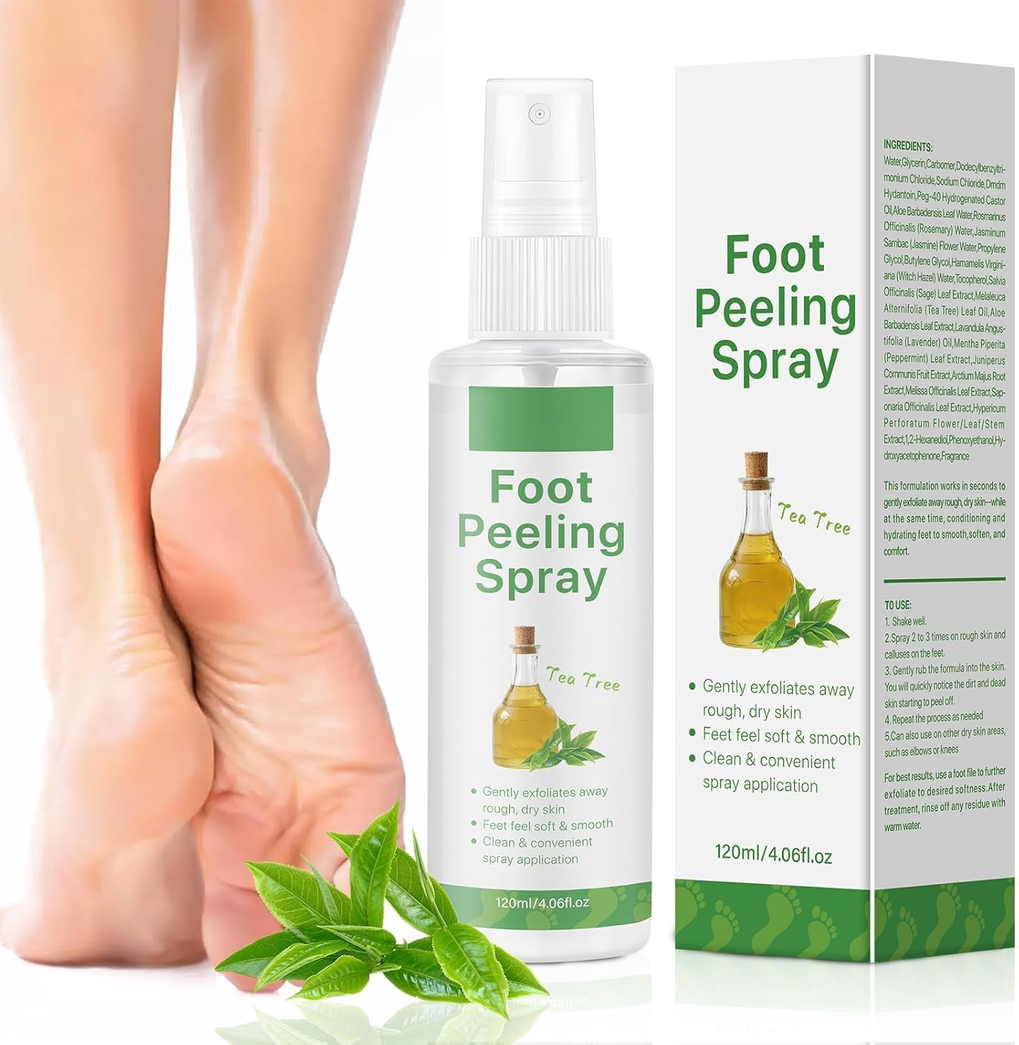 Foot Peeling Spray, Tea Tree Foot Exfoliator Spray, Vegan Botanicals, Moisturizing & Smooth Feet Skin, Gently Exfoliates Away Rough, Dry Skin, 4.06fl.oz/120ml