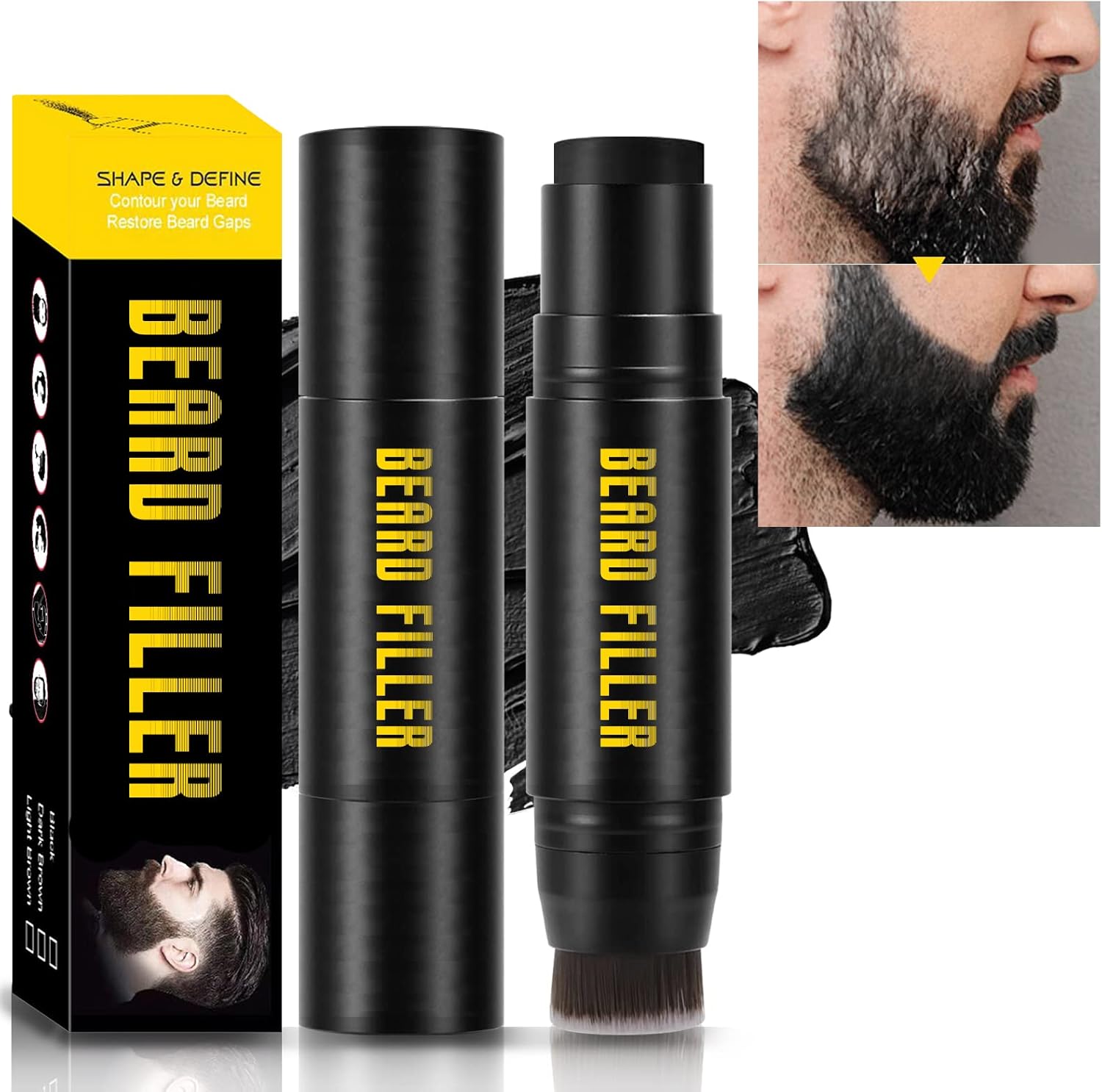 NewBang Beard Filler, 2-in-1 Filling Stick and Brush for Men, Waterproof Long-Lasting Natural Finish, Enhances Facial Hair and Moustache Makeup - Black