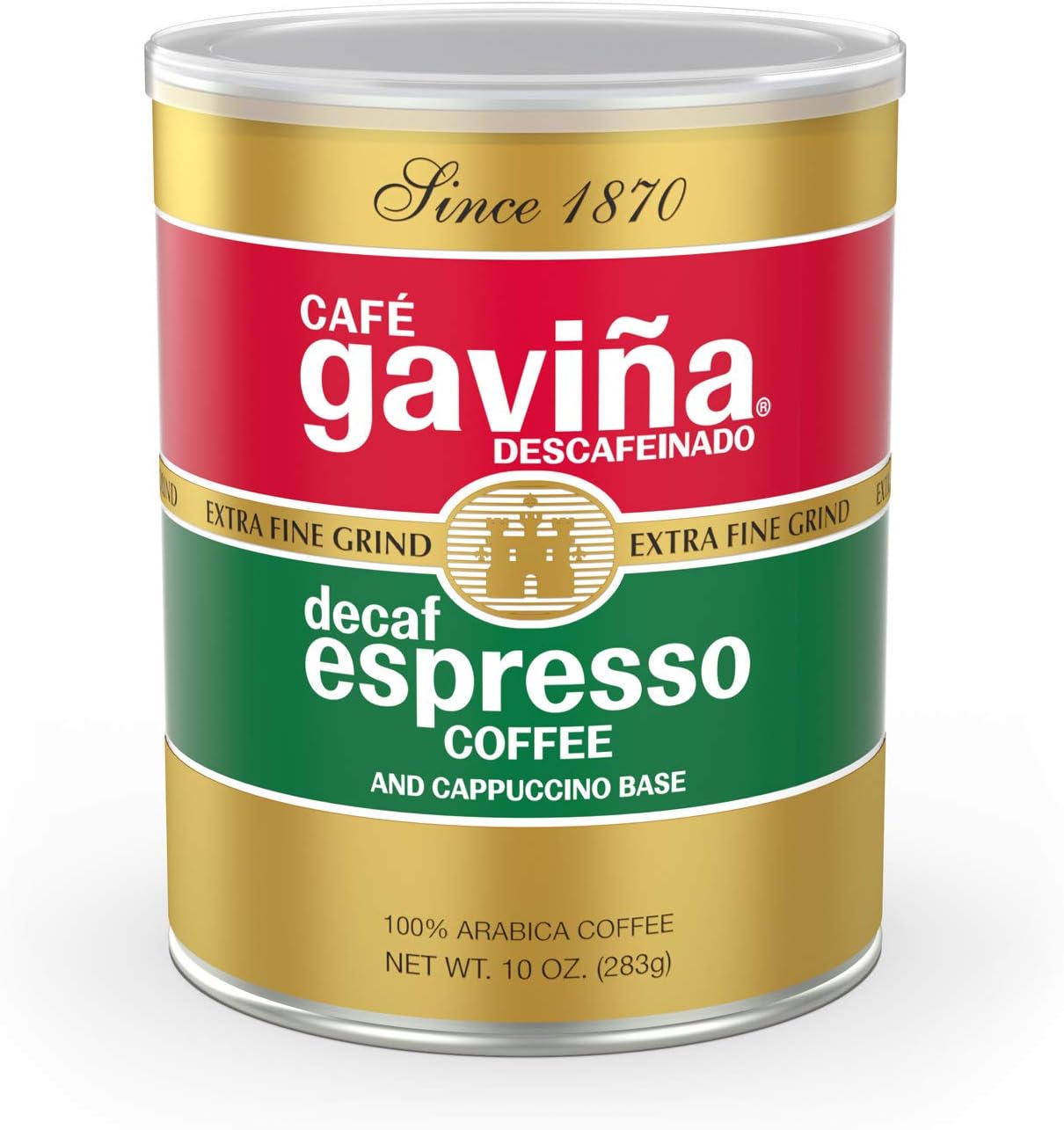 Café Gaviña Decaf Espresso Roast, Extra Fine Ground, 100% Arabica, Dark Roast, 10 oz Can