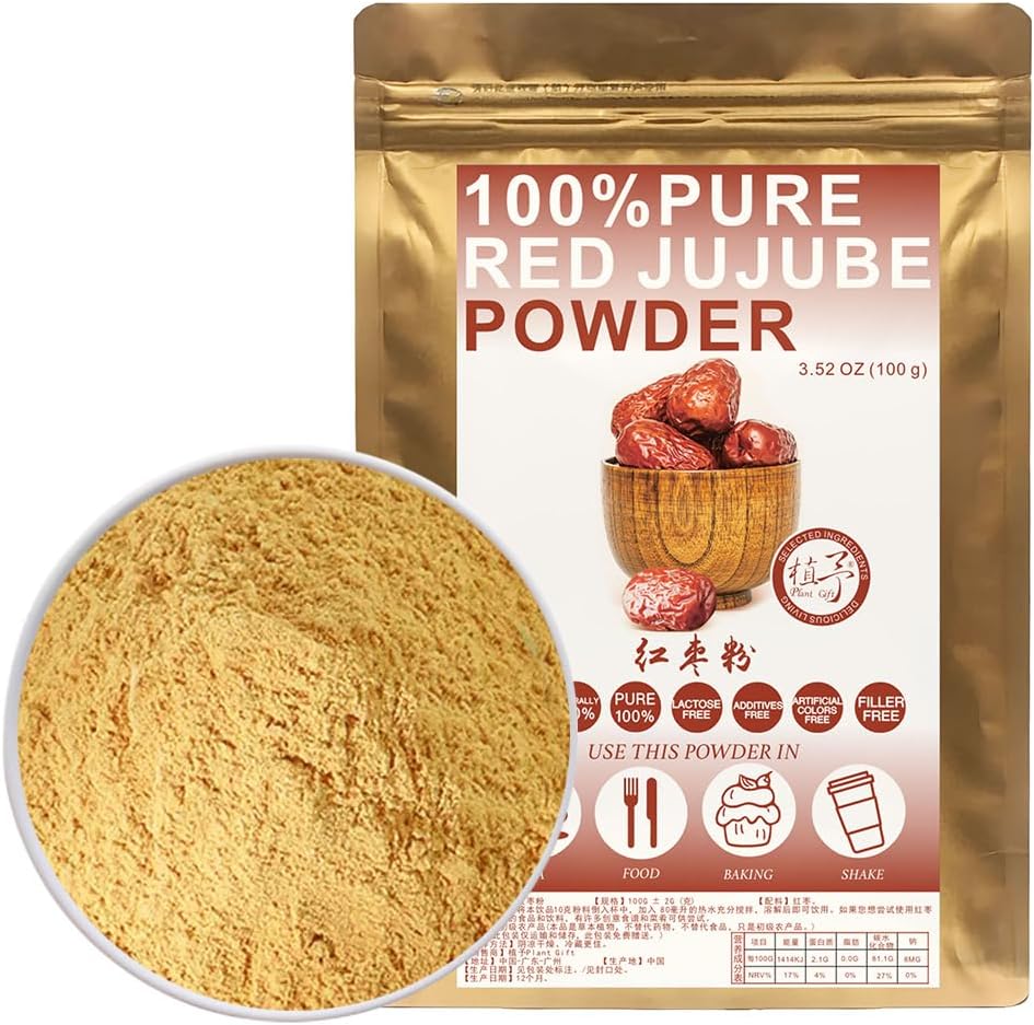 100% Natural Pure Jujube Powder 100g/3.52oz 红枣粉 Cooked Red Dates Powder for Smoothies, Shakes, Baking & Drinks,Tea | Free from Preservatives, Easy to Use Chinese Date