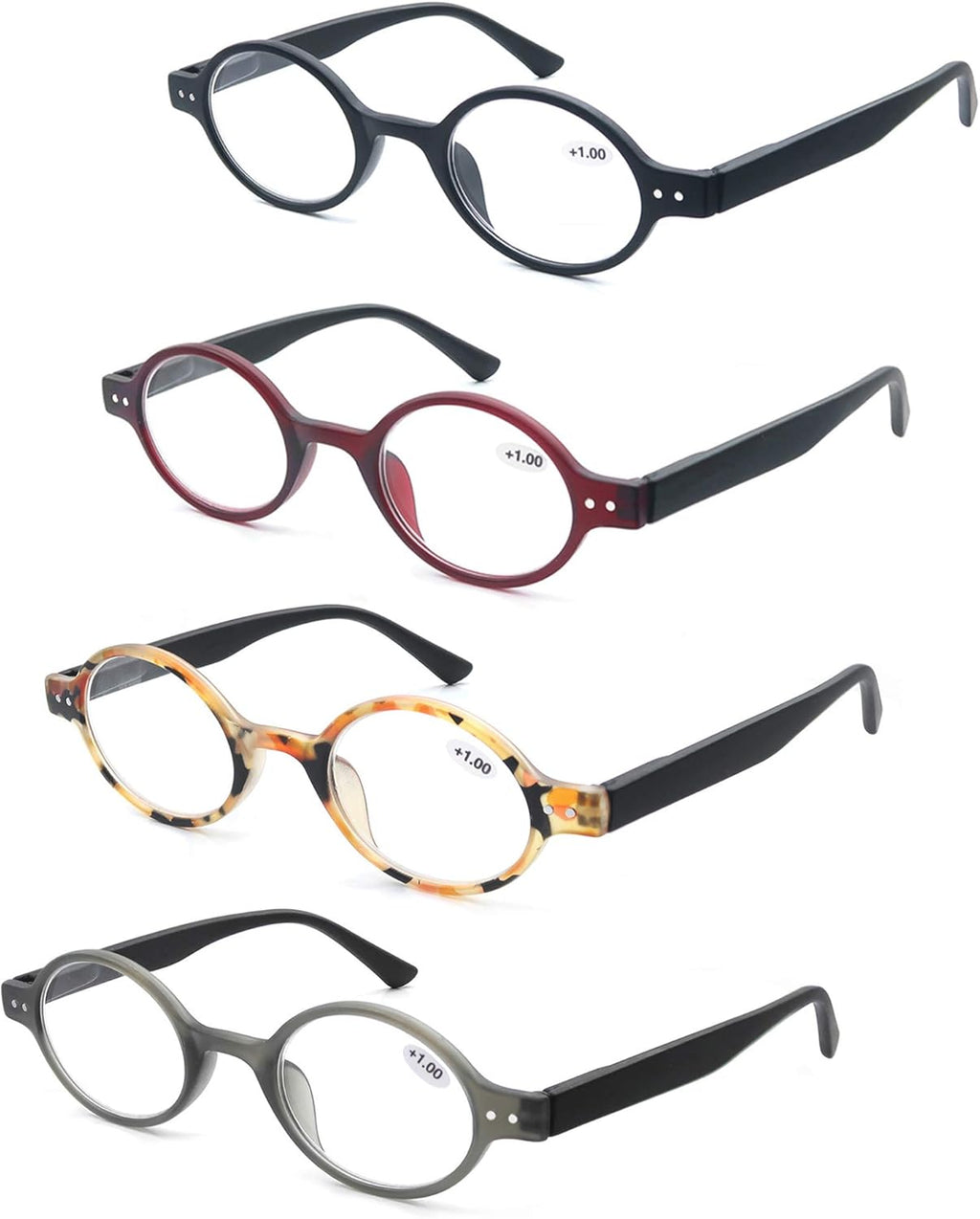 MODFANS 4 Pack Round 1.0 Reading Glasses Women Men,Retro Matte Frame Comfortable Spring Hinge-Lightweightest Readers Suitable Wear well-4 Pouch with Each Area