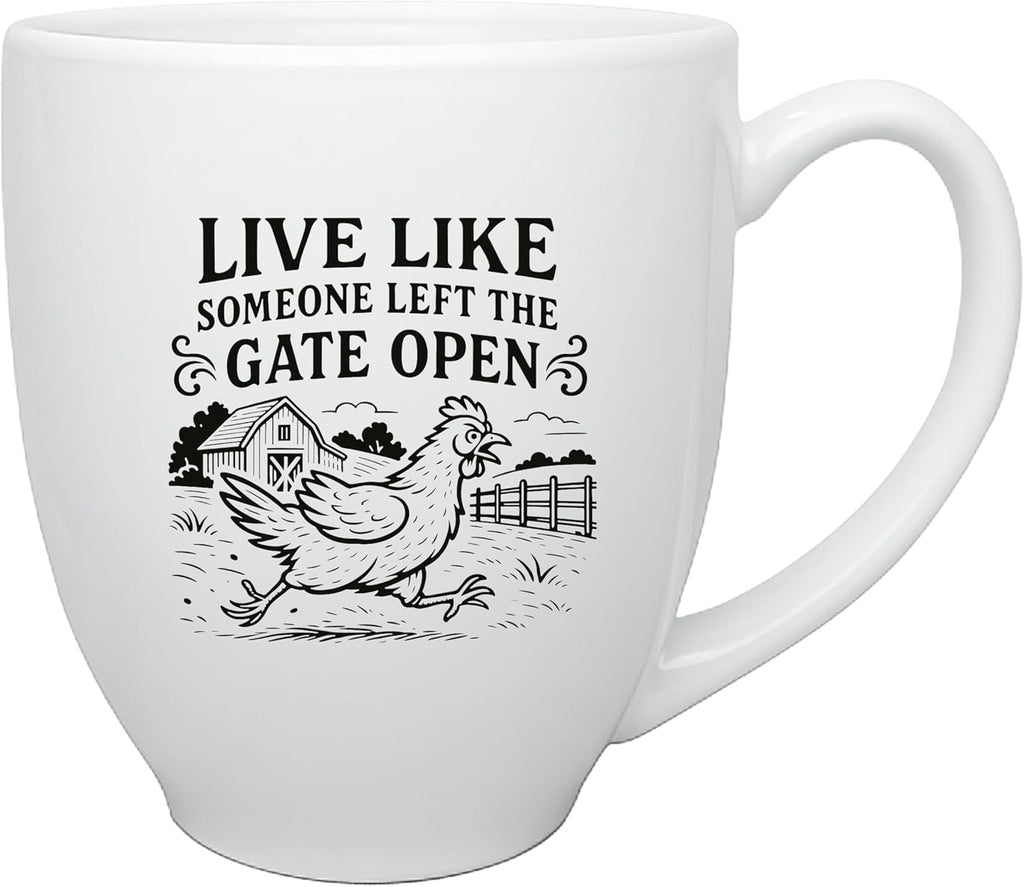 Chicken Lady Coffee Mug Rustic Farmhouse Hen Design 15oz Large White Ceramic Cup Funny Chicken Lover Gift for Women, Backyard Farmers, and Homesteaders (Gate Open)