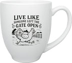 Chicken Lady Coffee Mug Rustic Farmhouse Hen Design 15oz Large White Ceramic Cup Funny Chicken Lover Gift for Women, Backyard Farmers, and Homesteaders (Gate Open)