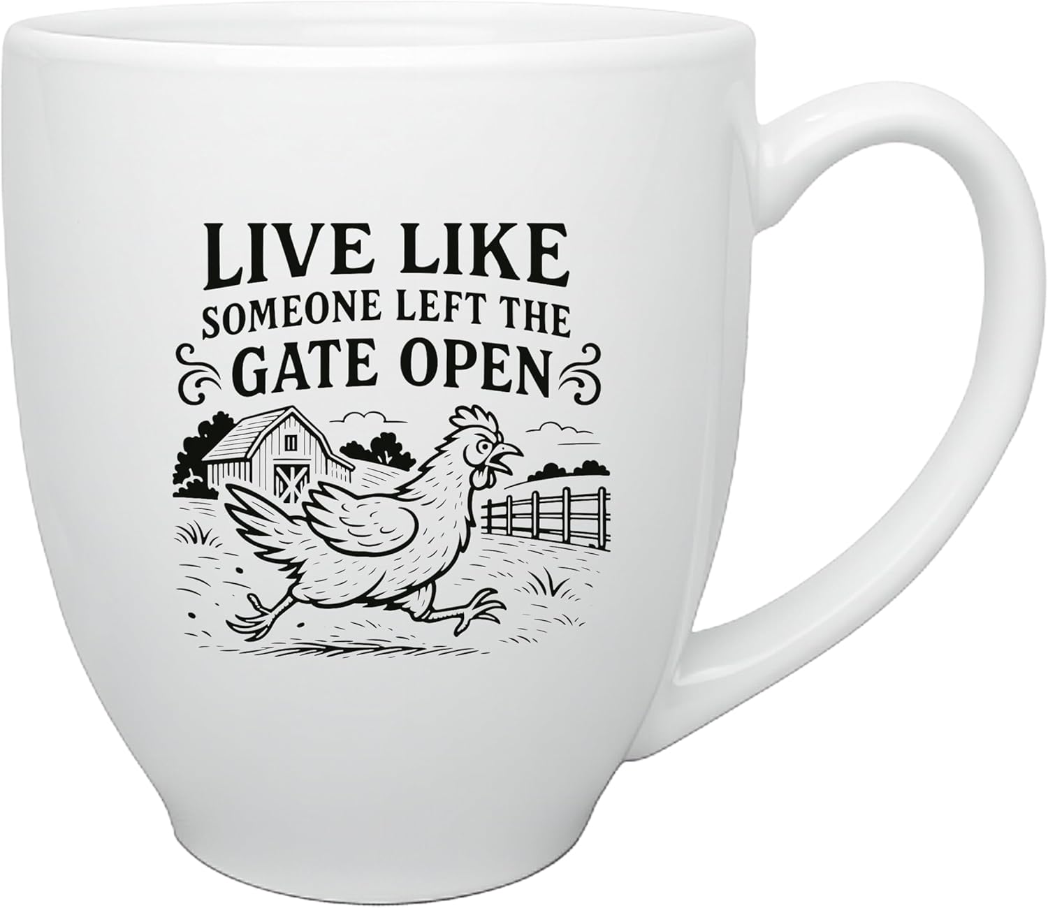 Chicken Lady Coffee Mug Rustic Farmhouse Hen Design 15oz Large White Ceramic Cup Funny Chicken Lover Gift for Women, Backyard Farmers, and Homesteaders (Gate Open)