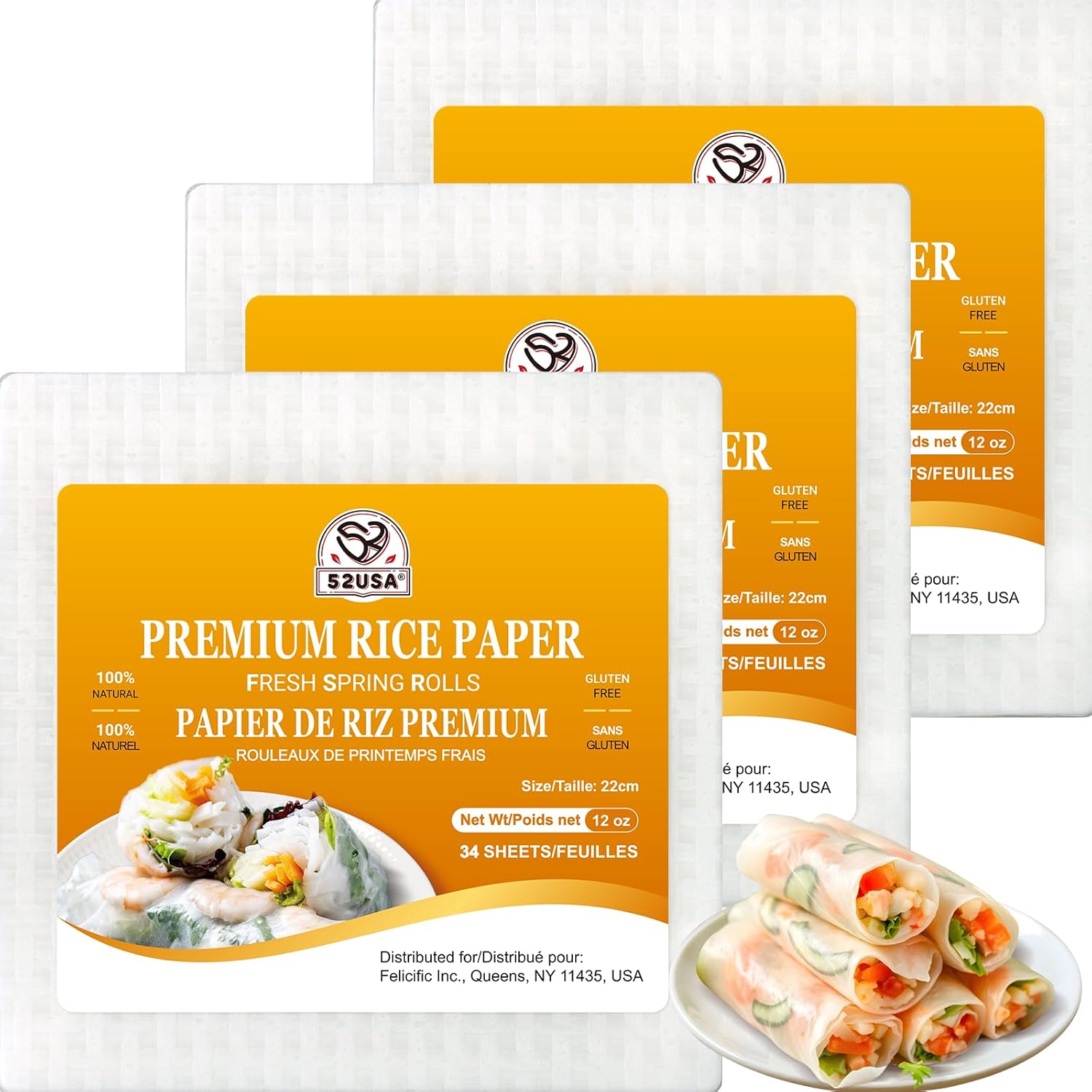52USA Square Rice Paper, 3 Pack, White Rice Paper Wrappers, Fresh Spring Roll Wrappers & Dumplings-102 Sheets, Gluten-Free Wonton Wrappers, Vegan, Low Carb, Vietnamese Rice Wraps (22cm, 36 oz)
