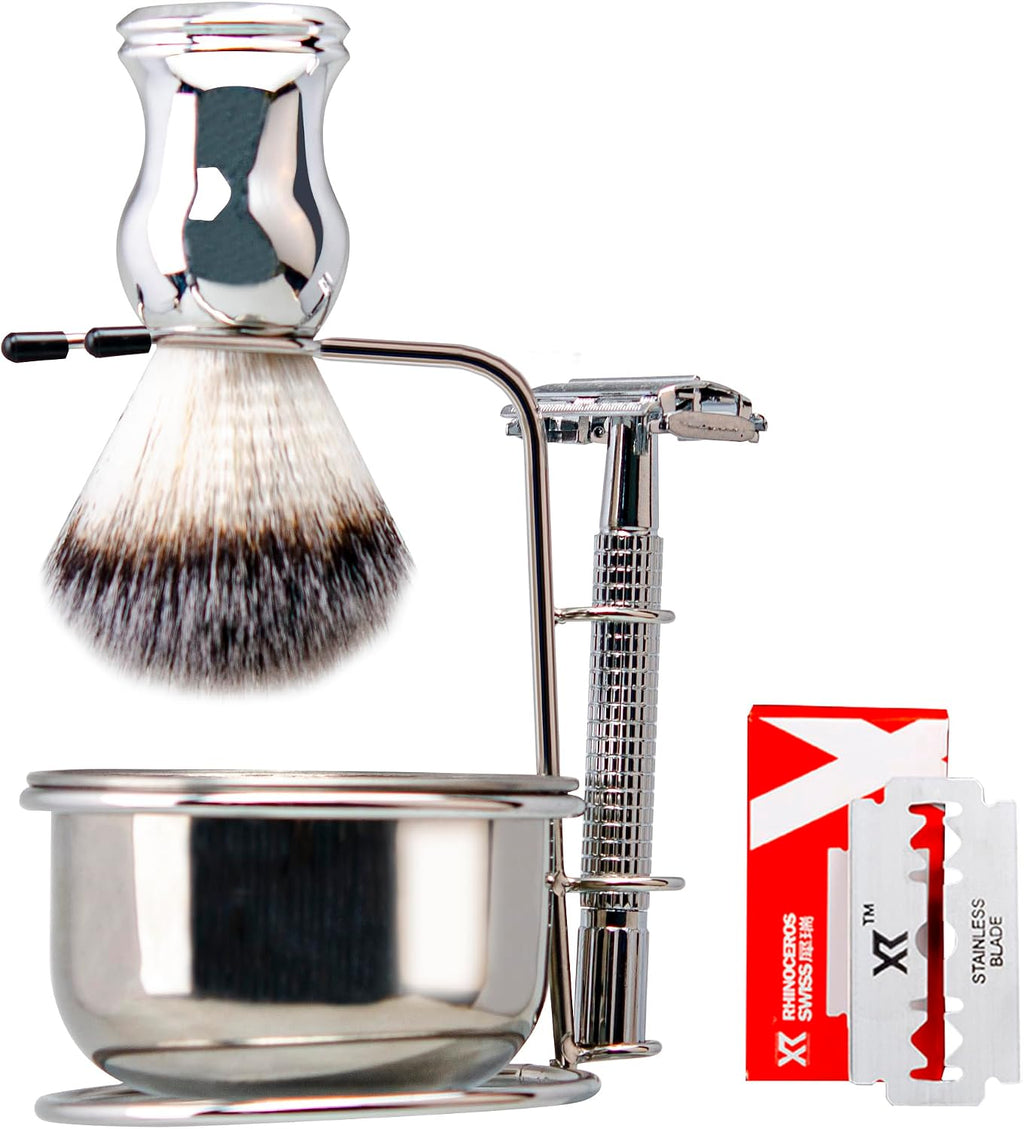 Grandslam Shaving Brush and Bowl Kit for Men, 4 in 1 Shaving Brush Set, Include Butterfly Open Safety Razor, Stainless Steel Shaving Soap Bowl and Stand, Shaving Brush, 10 Double Edge Blades