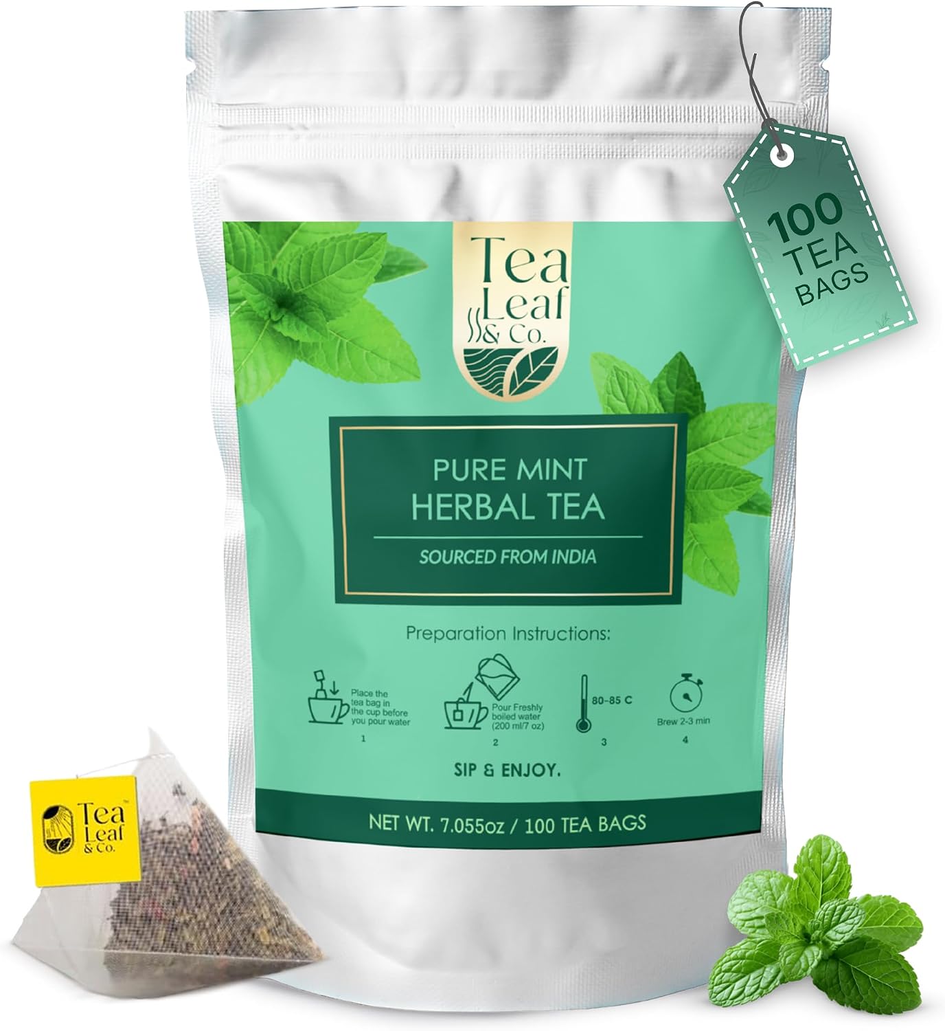 Tealeaf & Co. Pure Mint Herbal Tea Bags Blended with Fresh Herbs - Spearmint & Peppermint Tea - Contains Low Caffeine - Gluten Free - 100 Teabags (7.055oz/200gm)