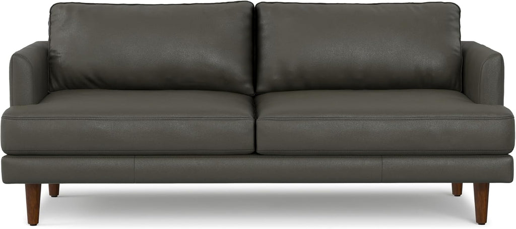 SIMPLIHOME Livingston 76-inch Wide Sofa in Coal Top Grain Genuine Leather, Handcrafted Mid-Century Modern Loveseat for Living Room, Compact 2-Seater with Feather-Wrapped Cushions and Solid Wood Frame