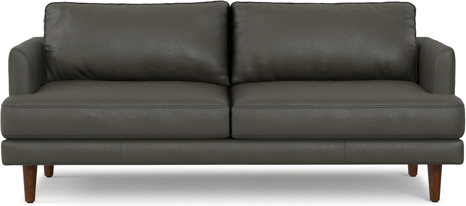 SIMPLIHOME Livingston 76-inch Wide Sofa in Coal Top Grain Genuine Leather, Handcrafted Mid-Century Modern Loveseat for Living Room, Compact 2-Seater with Feather-Wrapped Cushions and Solid Wood Frame