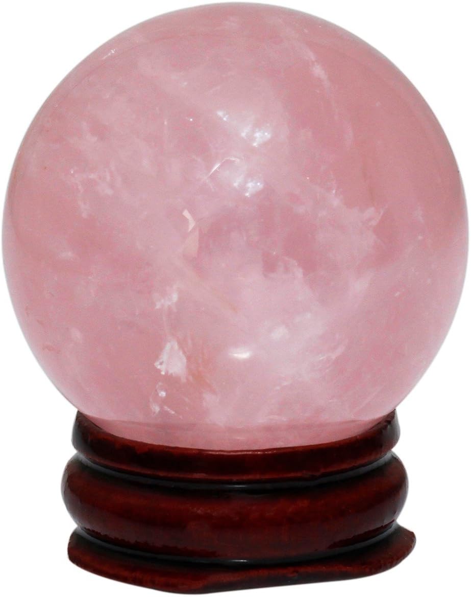 mookaitedecor Natural Rose Quartz Crystal Ball with Wood Stand, Healing Crystals Sphere Sculpture Home Decoration, 2.55"-2.75"