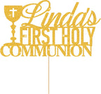 Personalized First Holy Communion Cake Topper Grail Cross Christening Baptism Confirmation 1st Communion Party Decor Double Sided Glitter Christening Cake Topper(Gold)