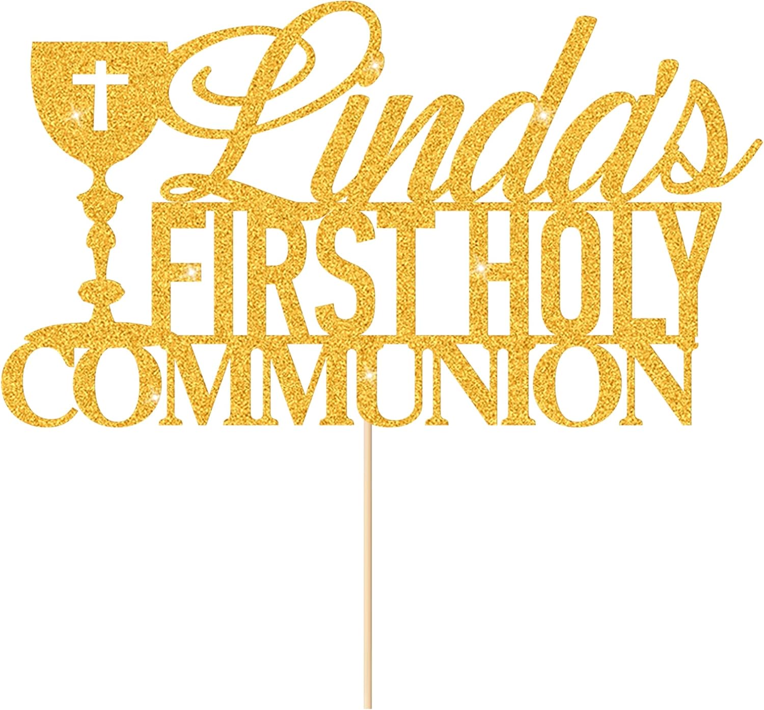 Personalized First Holy Communion Cake Topper Grail Cross Christening Baptism Confirmation 1st Communion Party Decor Double Sided Glitter Christening Cake Topper(Gold)