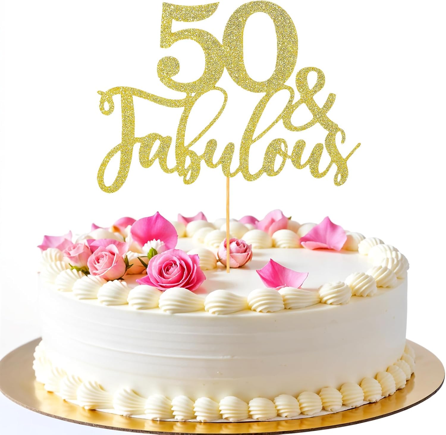 50th Birthday Cake Topper Golden Glitter 50 & Fabulous Cake Topper Fifty and Fabulous Cake Topper Cardboard Cake Decoration for 50th Birthday Cake Topper for Birthday Wedding Anniversary