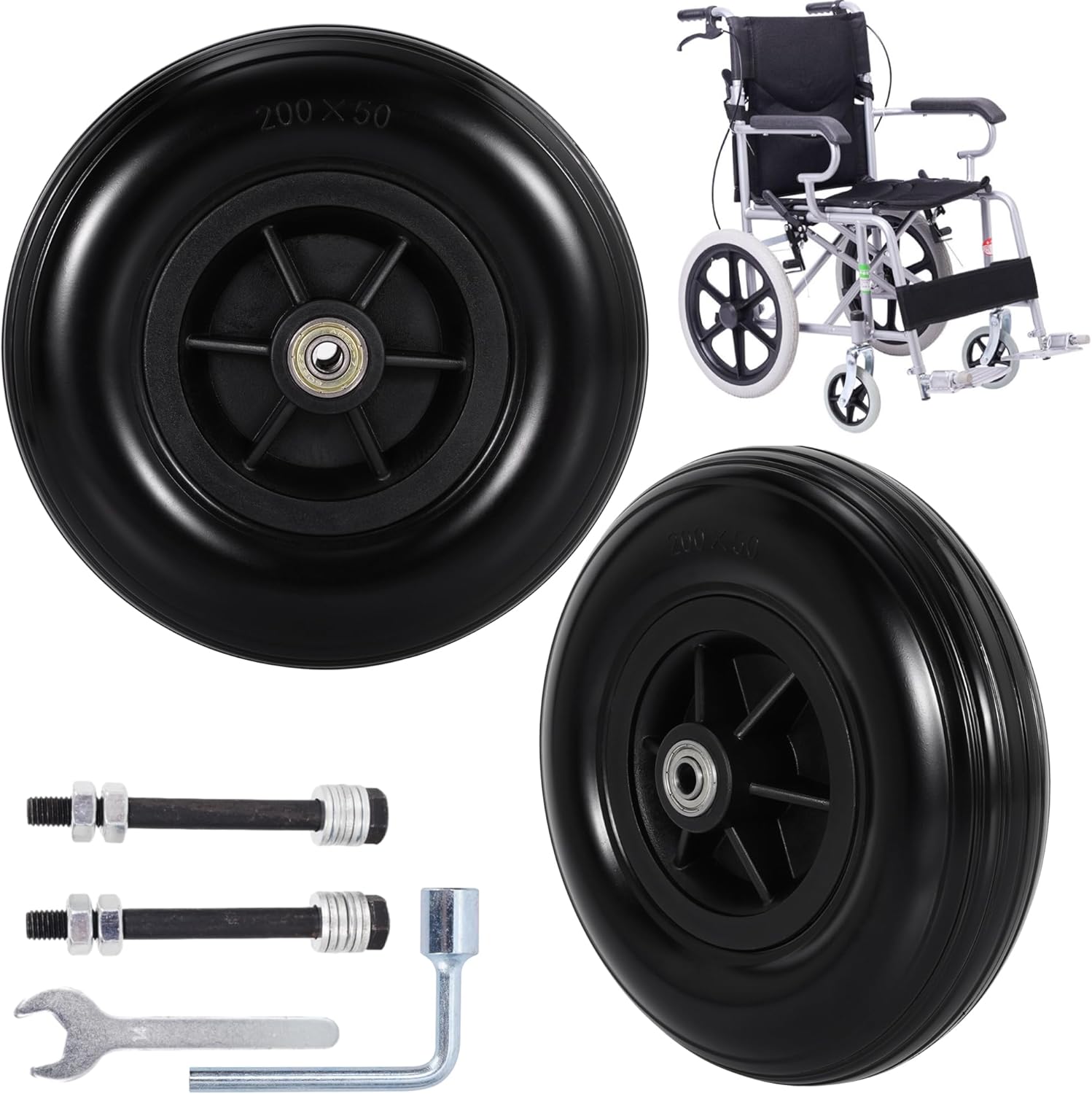 8 Inch Wheelchair Wheel,SOGIME 200X50(8X2) Solid Rubber Caster Wheels 8mm Bearing Hole for Power Wheel Chair Walker,1 Pair Black