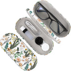2 in 1 Contact Lens Case and Eyeglasses Case for Women Men Kids, Double Sided Hard Shell Portable Glasses Travel Holder with Built-in Mirror, Contact Lens Box (White Flower)