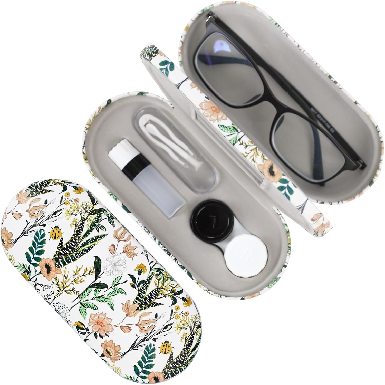 2 in 1 Contact Lens Case and Eyeglasses Case for Women Men Kids, Double Sided Hard Shell Portable Glasses Travel Holder with Built-in Mirror, Contact Lens Box (White Flower)