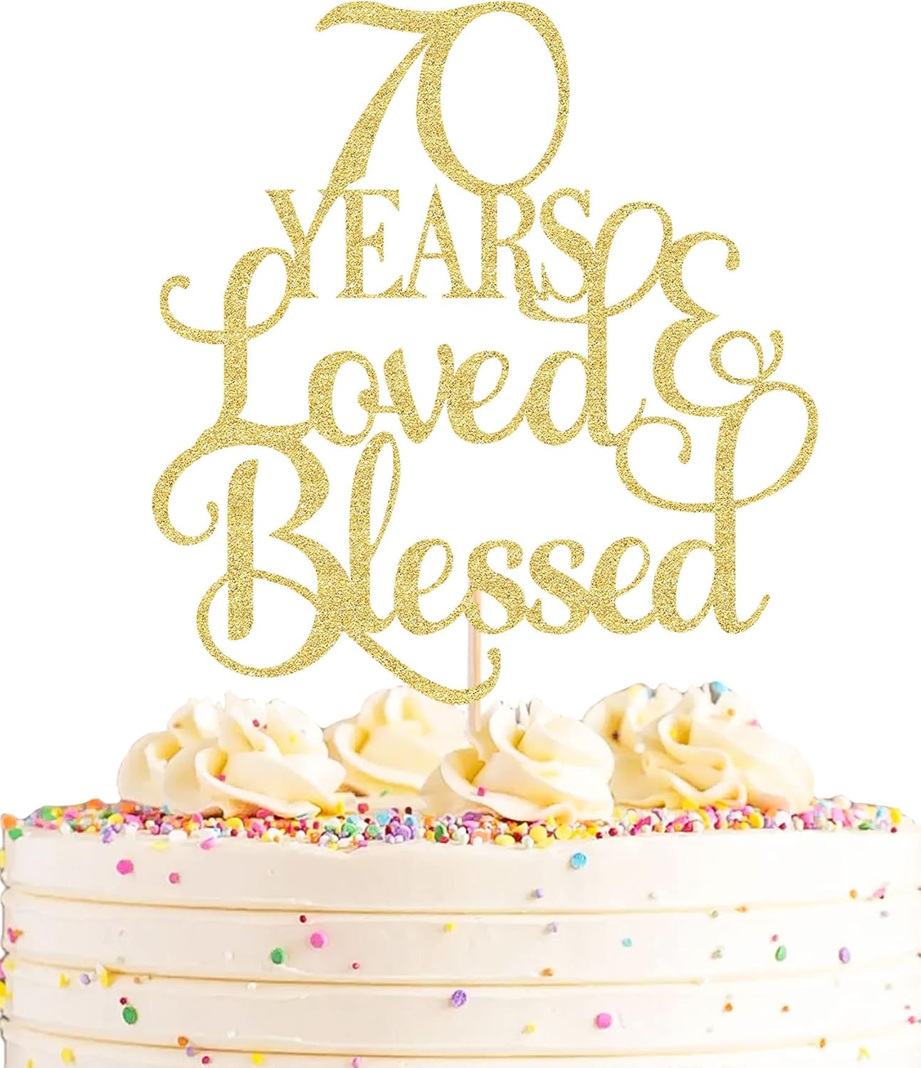 70 Years Loved Cake Topper - Gold Glitter 70th Birthday Cake Decorating Supplies, Perfect for Wedding, Anniversary or Birthday Party Decorations, Photo Booth Props