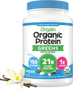 Orgain Organic Vegan Protein Powder + Greens, Vanilla Bean - 21g Plant Based Protein, Gluten Free, Dairy Free, Lactose Free, Soy Free, No Sugar Added, With Iron & Prebiotics for Gut Health - 1.94lb