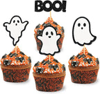 24 Pack Glitter Halloween Ghost Cupcake Toppers - Baby Shower Decor Gender Reveal Decorations (Black)