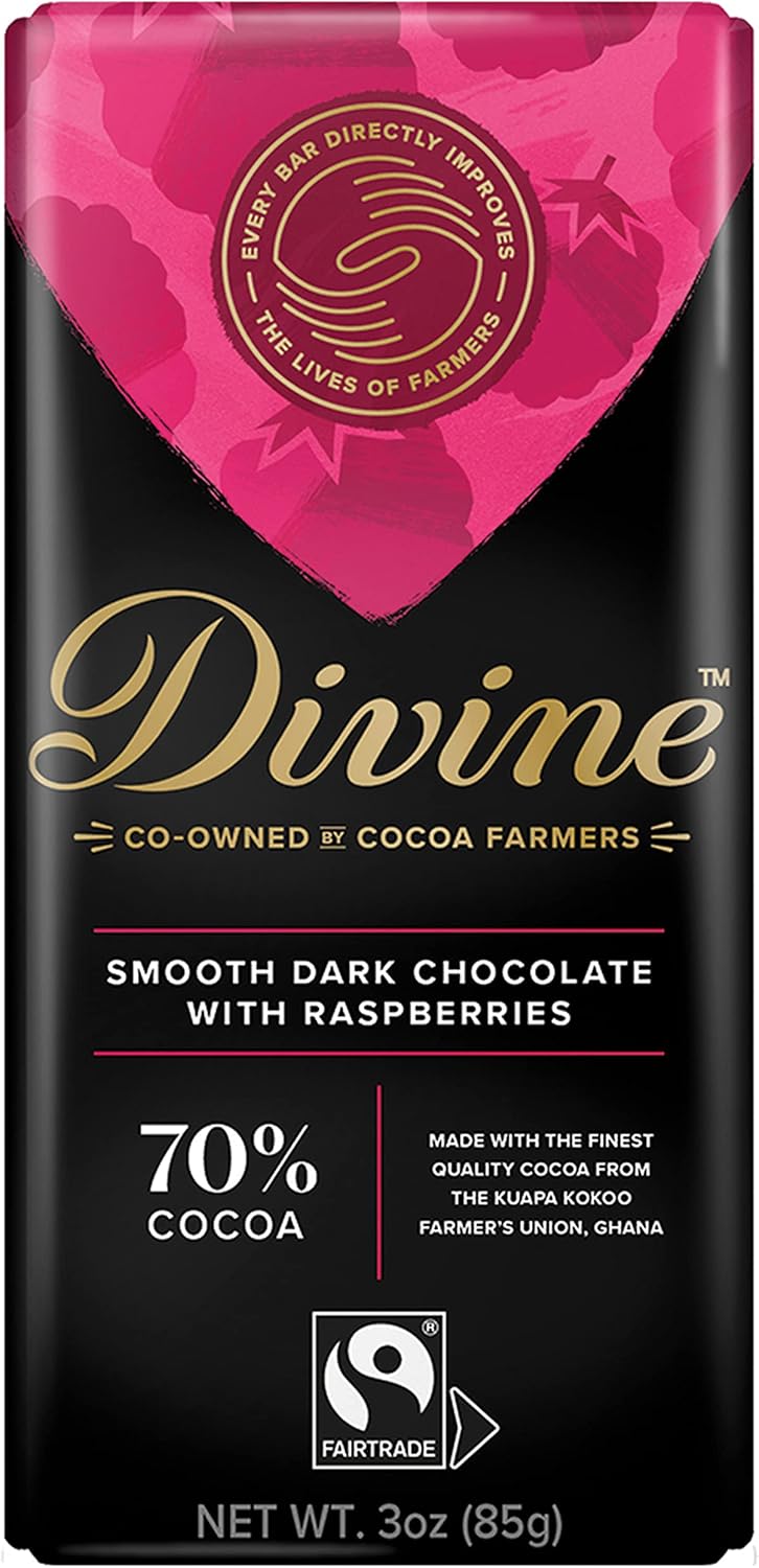 Divine Chocolate Bars - 70% Dark Chocolate with Raspberries - Made with Fairtrade Cocoa, Natural Ingredients, No Artificial Flavors | 3oz. Bars (12 Pack)
