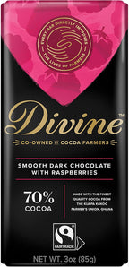 Divine Chocolate Bars - 70% Dark Chocolate with Raspberries - Made with Fairtrade Cocoa, Natural Ingredients, No Artificial Flavors | 3oz. Bars (12 Pack)