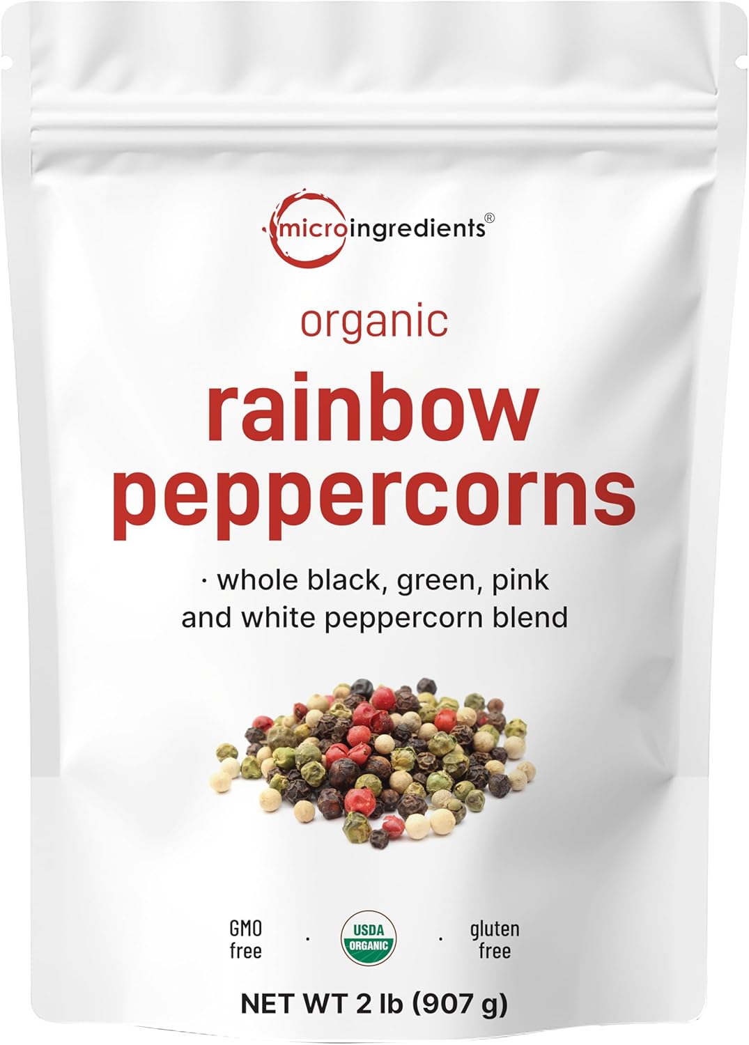 Micro Ingredients Organic Whole Rainbow Peppercorns, 2lbs | Premium Whole Peppercorns for Grinder Refill | Great for Seasonings, Meats & Vegetables | Additive Free, Non-GMO, Bulk Supply