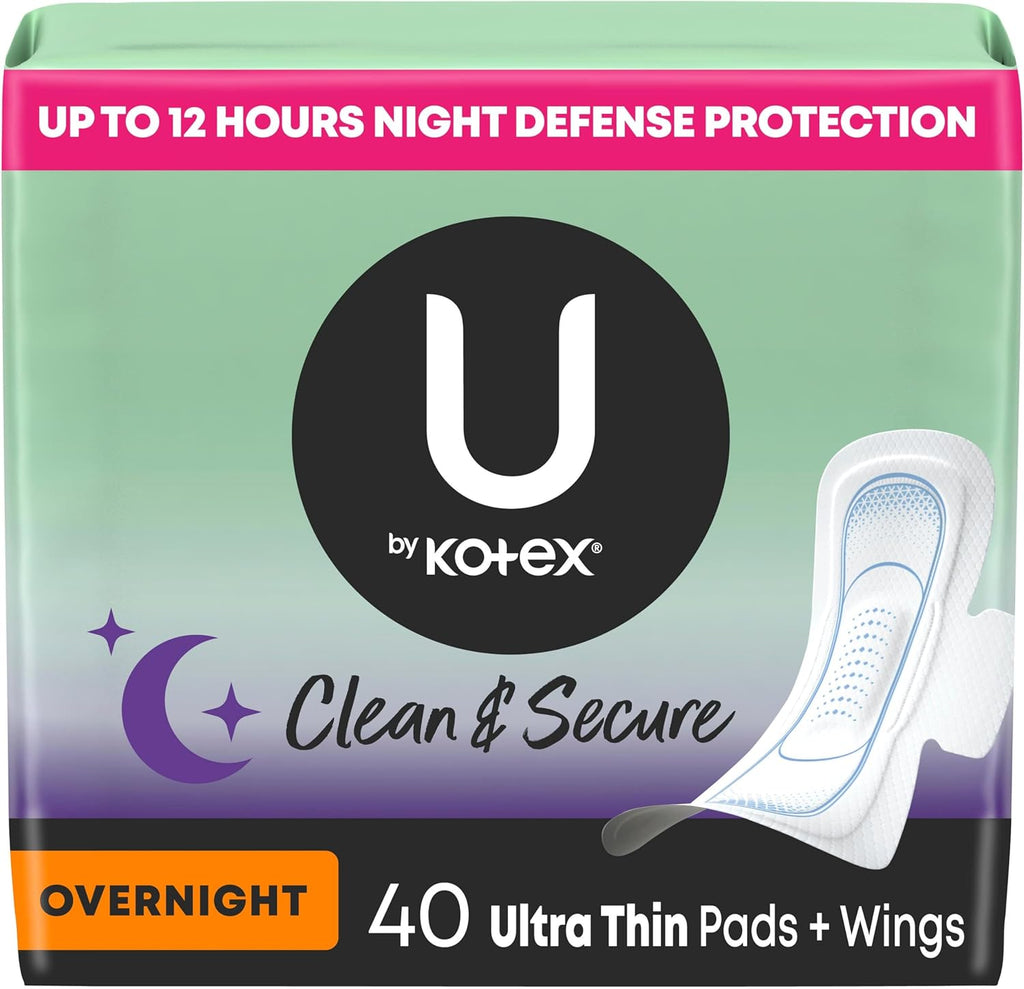 U by Kotex Ultra Thin Pads with Wings, Clean & Secure, Overnight Absorbency, 40 Count (Packaging May Vary)