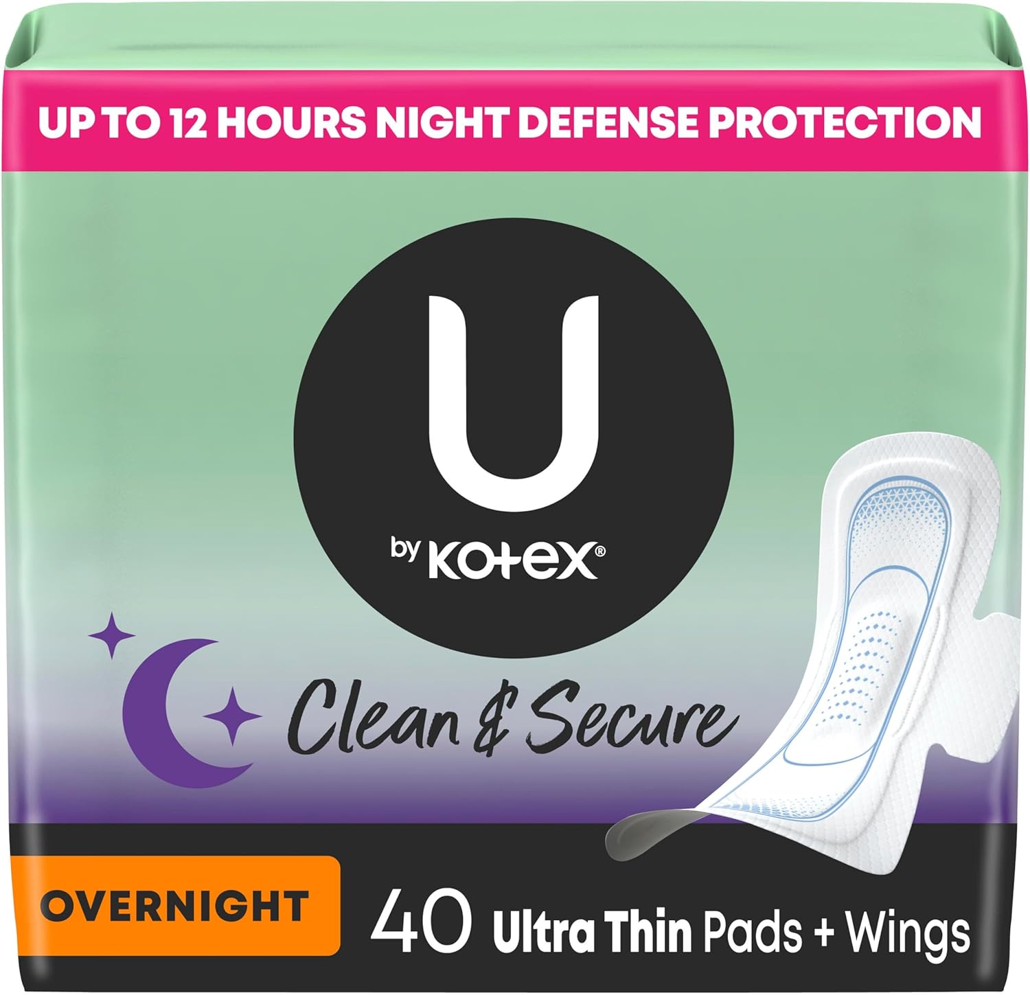 U by Kotex Ultra Thin Pads with Wings, Clean & Secure, Overnight Absorbency, 40 Count (Packaging May Vary)