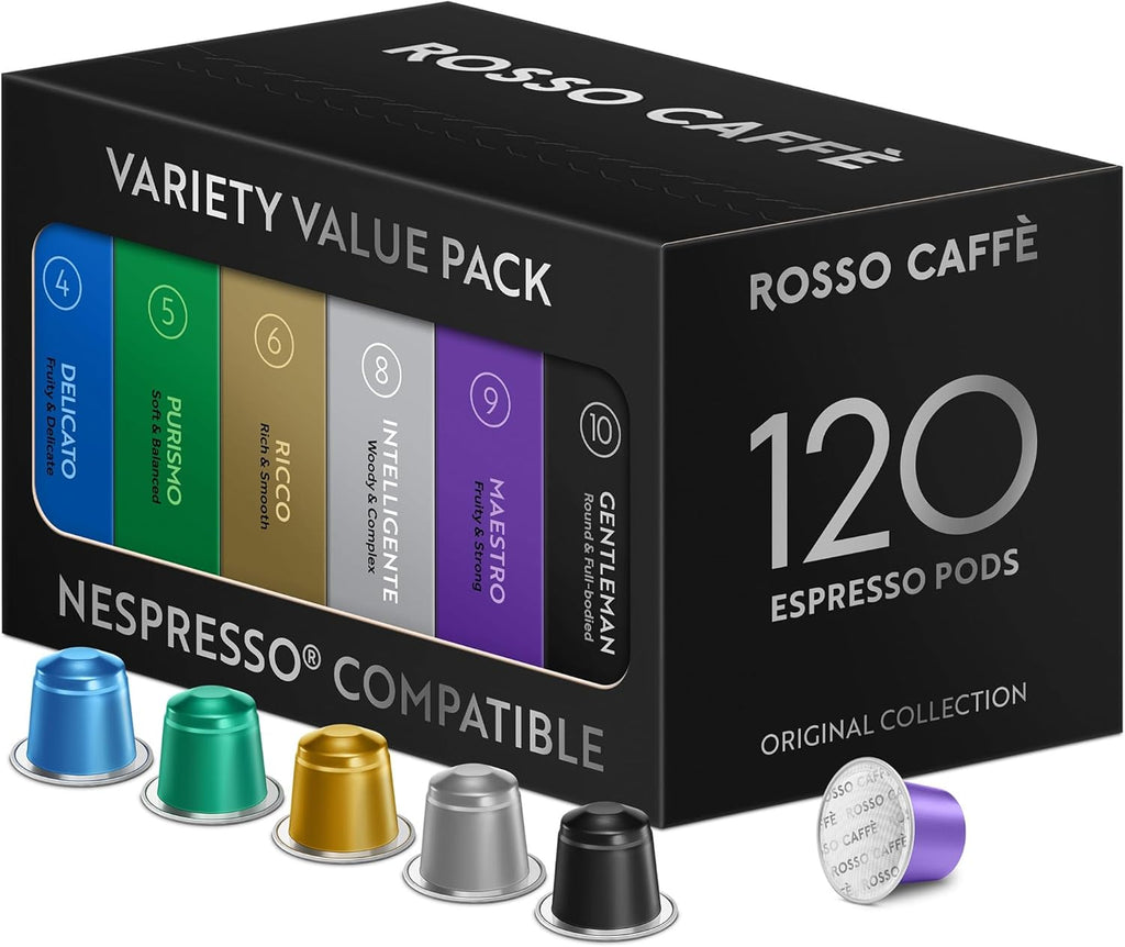 ROSSO CAFFÈ 120 Espresso Coffee Pods for Nespresso Original Machines, Premium Capsules, Variety Value Pack 6 Flavors, Rich Breakfast to Intense Roasts