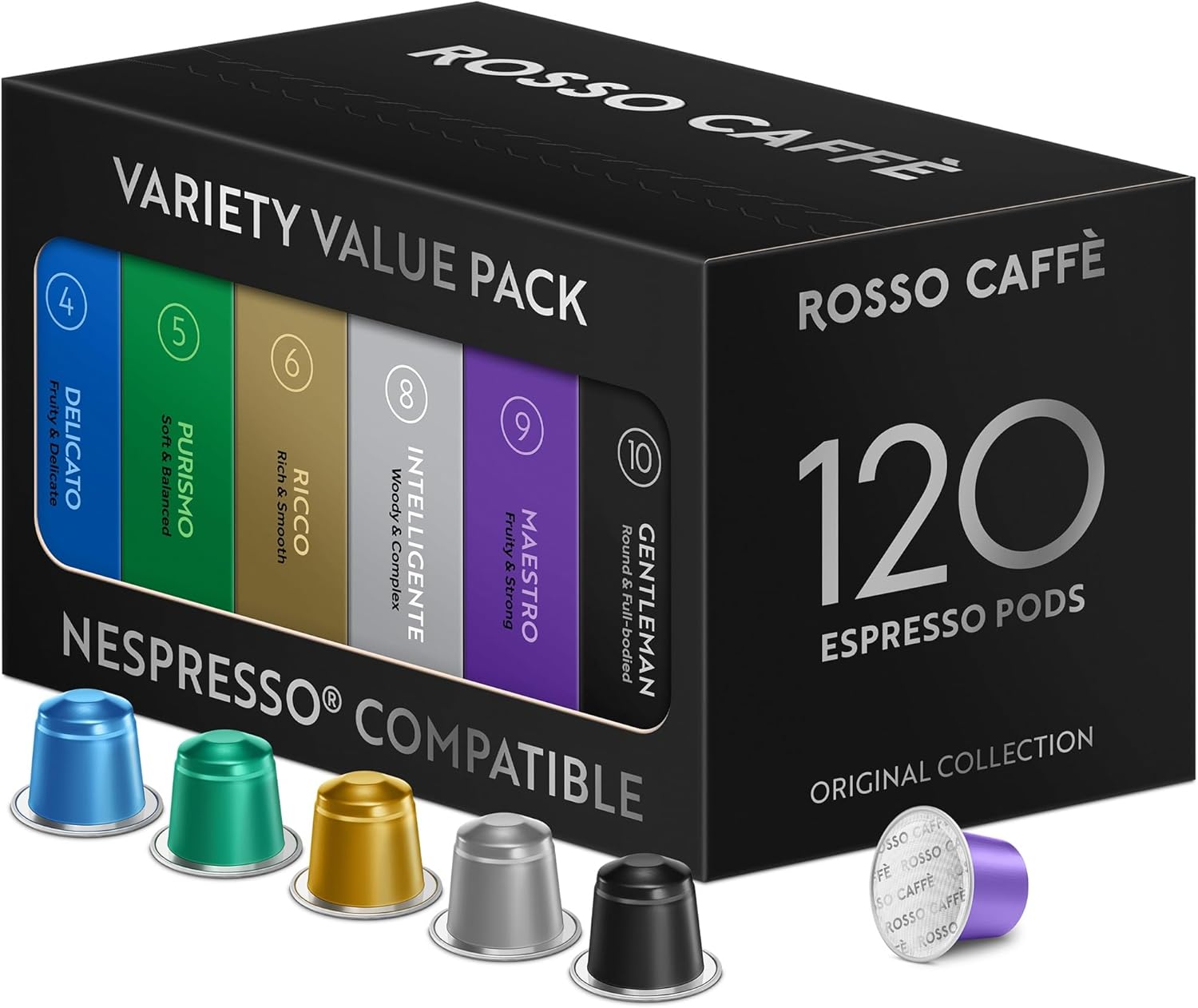 ROSSO CAFFÈ 120 Espresso Coffee Pods for Nespresso Original Machines, Premium Capsules, Variety Value Pack 6 Flavors, Rich Breakfast to Intense Roasts