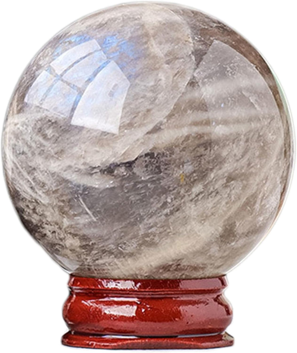 Blue Aura Moonstone Ball Polished Decorative Ball Divination Sphere with Wood Stand Crystals Sphere for, Feng Shui, Gifts,50-55mm