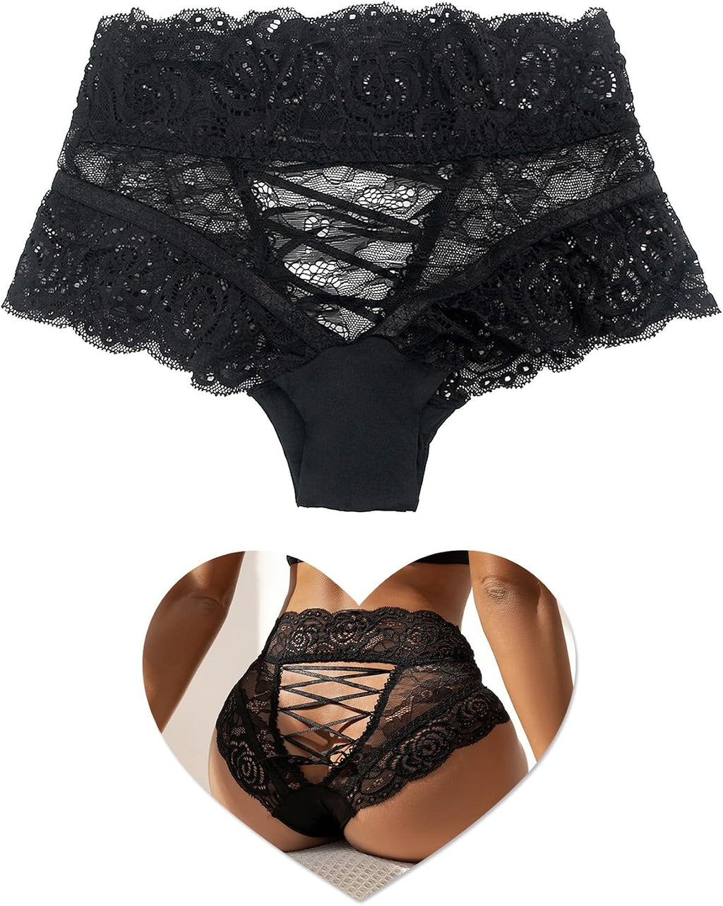 ohmydear Womens Lace Boyshorts Sexy Panties Crisscross Strappy Underwear High Waisted Soft Briefs XS-4XL