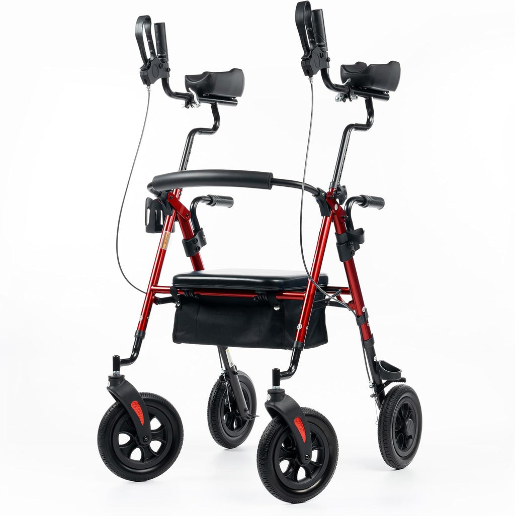 ELENKER All-Terrain Upright Rollator Walker, Stand Up Rolling Walker with 10’’Big PU Wheels and Adjustable Padded Armrests for Seniors from 4’8”to 6'4”, Red
