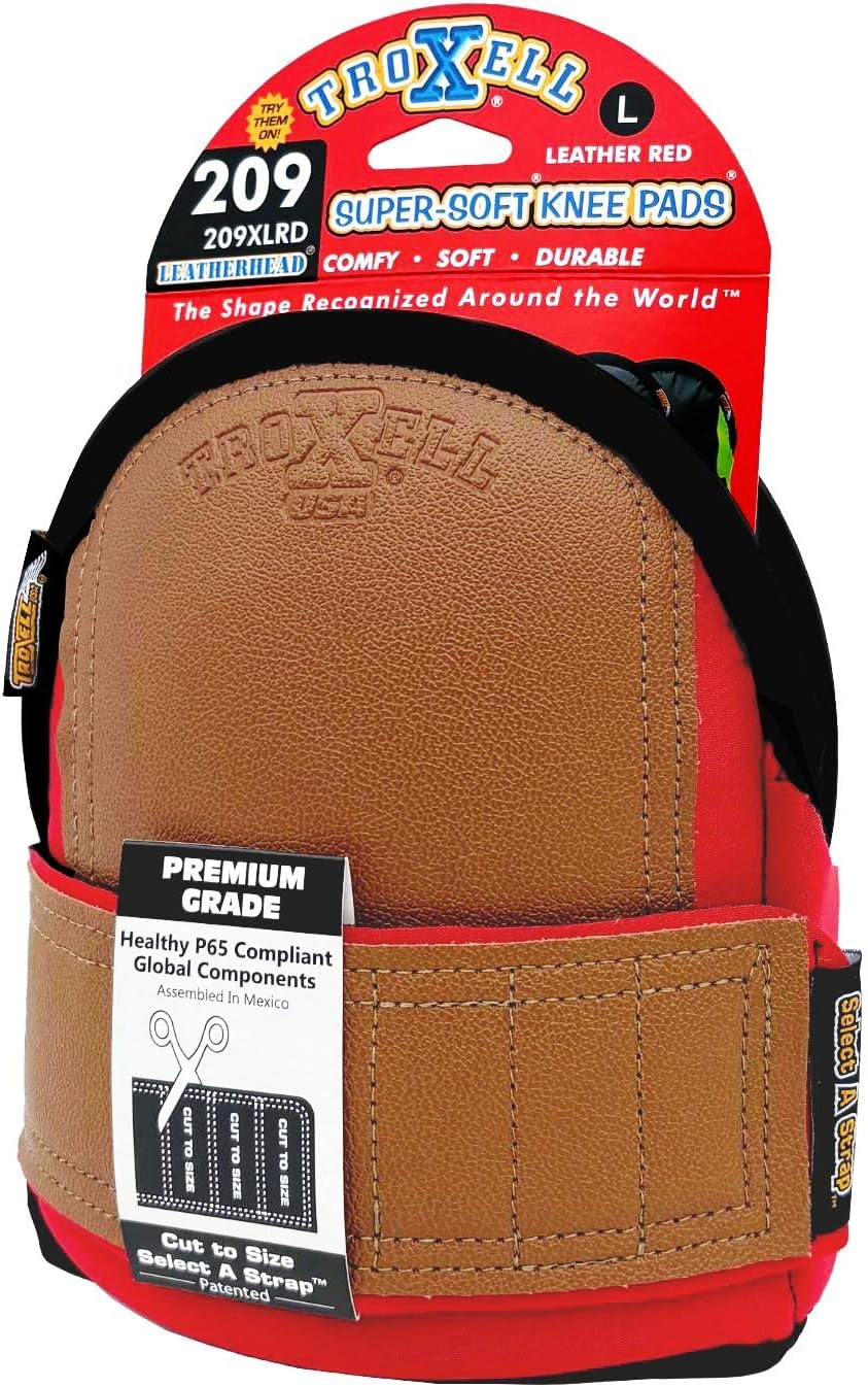 TROXELL USA Super-Soft Large Leatherhead Red Knee Pads - Comfortable, Adjustable, Washable Kneepads