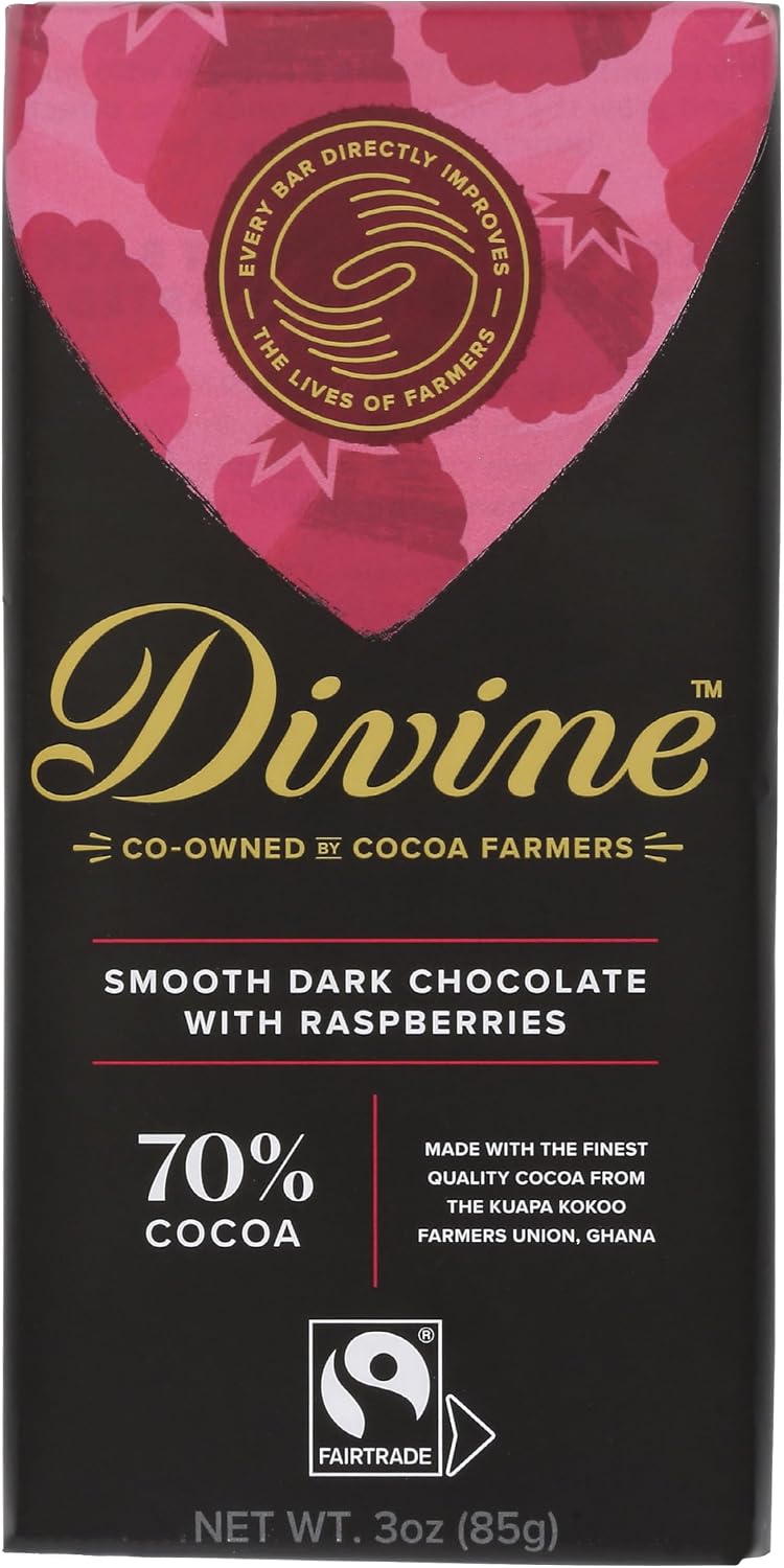 Divine Chocolate, Bar Dark Chocolate Raspberries 70%, 3 Ounce