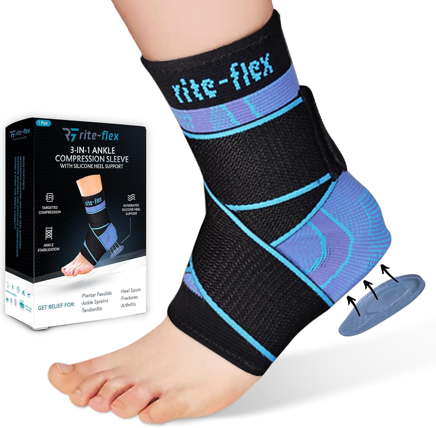 3-in-1 Ankle Compression Sleeve with Silicone Heel Pad - Ankle Brace for Sprains, Foot Fatigue, Post Surgery, Plantar Fasciitis Relief & Support (2, Small)