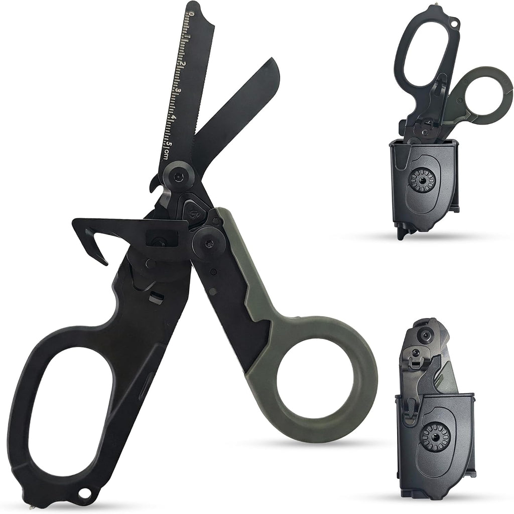 Trauma Shears Foldable Tactical Scissors - 6-in-1 Heavy Duty Emergency Response Folding Shear for Nurses Medical Outdoor Camping Rescue - Stainless Steel Multi-Tool Survival Shears with Holster