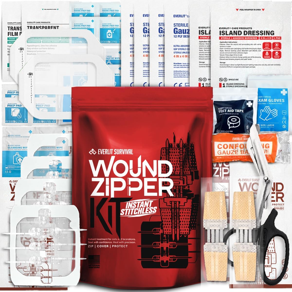 EVERLIT Wound Closure Kit | Surgical Zip-Stitch Devices for Cut & Laceration | Sterile, Suture-Free, Stitch-Less Adhesive Butterfly Bandages for Emergency First Aid Wound Care (6 Zip Complete Kit)
